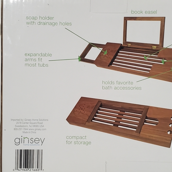 Ginsey Blissful Bath 100% Teak Tub Caddy Expandable Organizing Compartments NWT - Picture 5 of 6